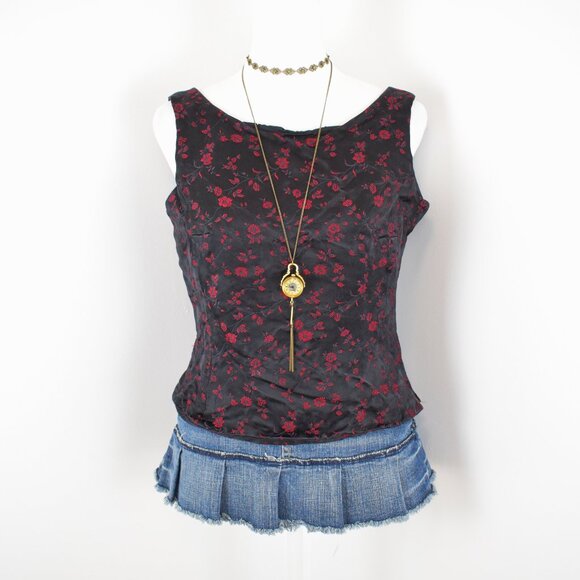 Vintage 00s Y2K Ann Taylor Black & Red Floral Jacquard Boat Neck Tank Top Size 6 - Picture 4 of 6
